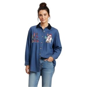 Victoria Jones Woman Button Down Shirt Vintage 90s Denim Snowman Embroidery 20W